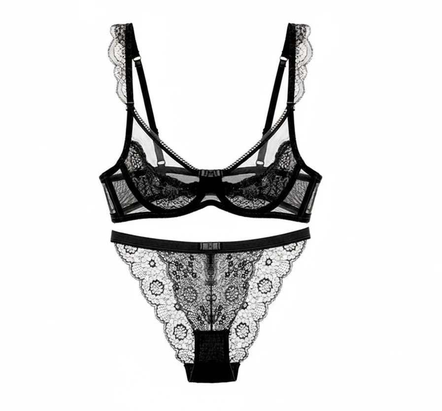 Embroidered Half-Cup Push-Up Bra Set