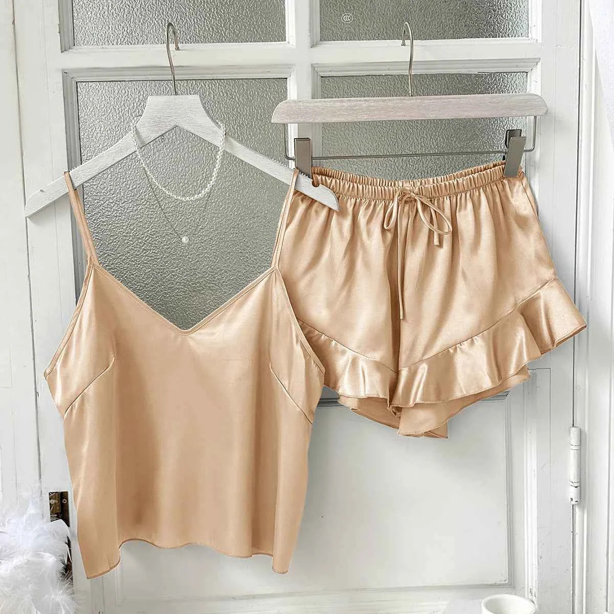 Satin Chemise Shorts Pajama Set - SHOPPERS' CASTLE