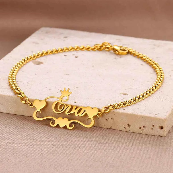 Custom Name Cuban Chain Heart Ribbon Bracelet - Handmade
