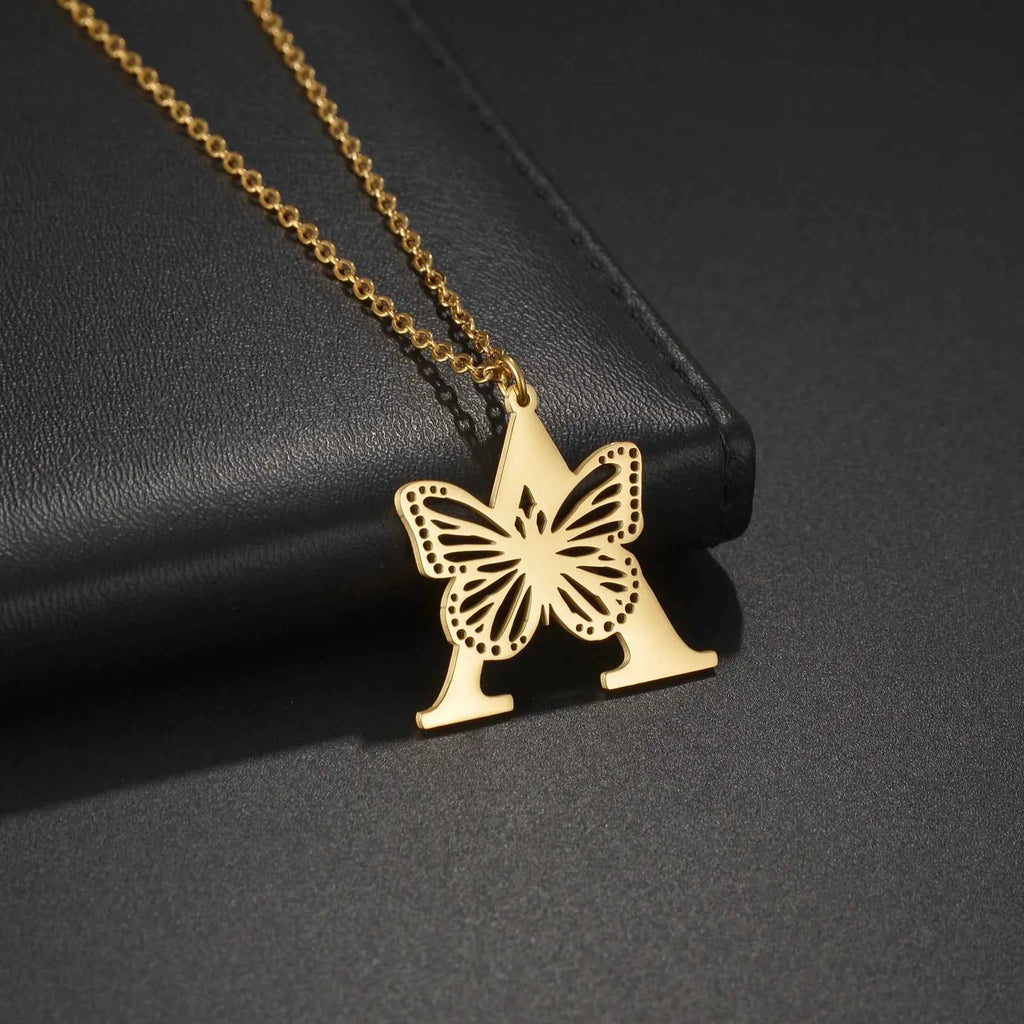 Personalized Big Letter Name Butterfly Pendant Choker - Link Chain