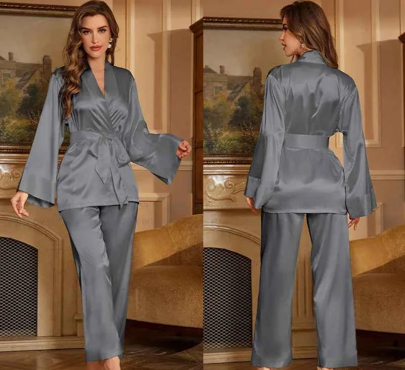 Striped Lace Trim Satin Pajama Set - SHOPPERS' CASTLE