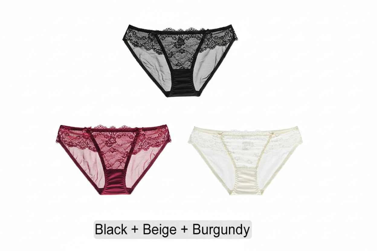 Embroidered Lace Brief Trio - Beige, Black & Burgundy
