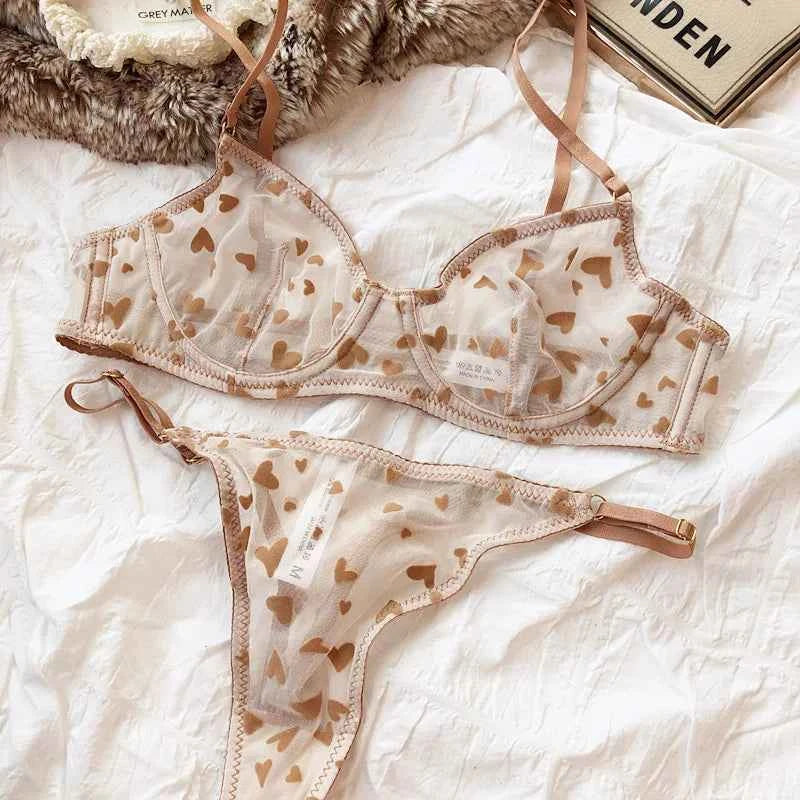 Ultra-Thin Transparent Push-Up Bra & Thong Set with Hearts