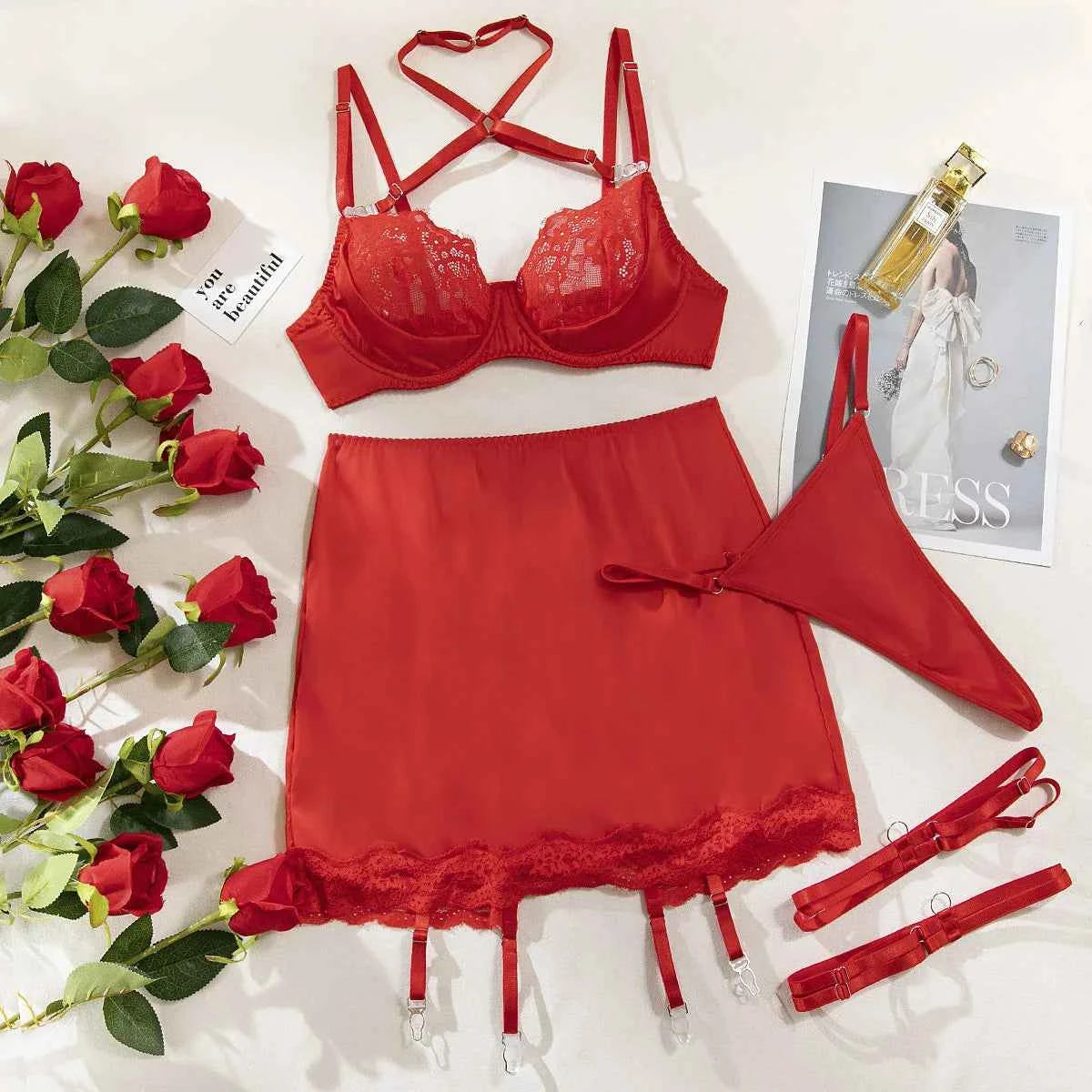 Halter Bra Heart G-String & Garter Set