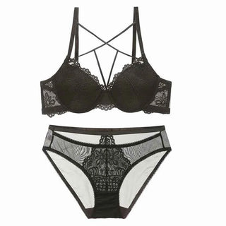 Embroidery Deep V Push-Up Bra Set with Gather Support