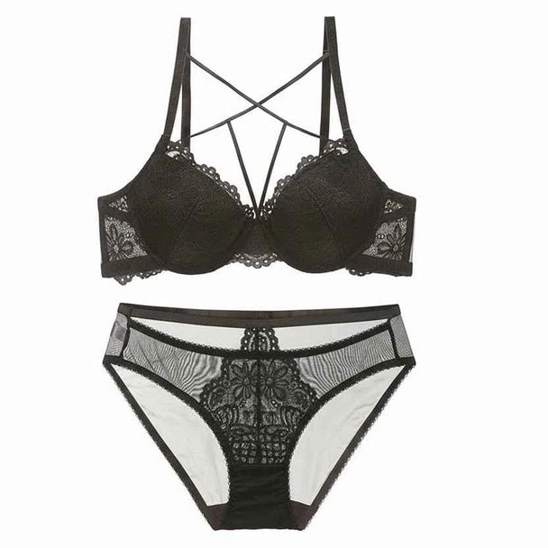 Embroidery Deep V Push-Up Bra Set with Gather Support