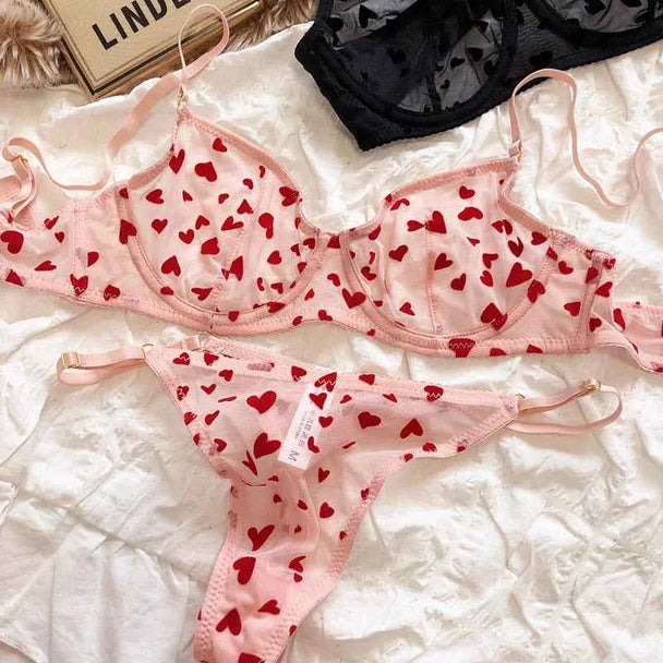 Ultra-Thin Transparent Push-Up Bra & Thong Set with Hearts