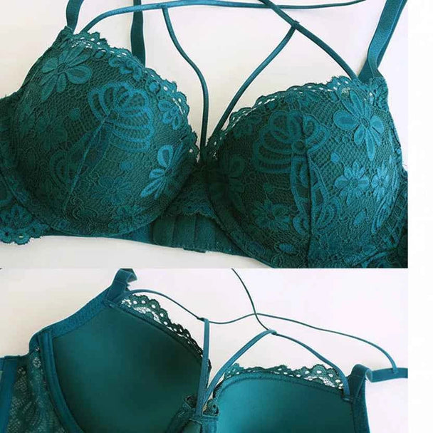 Embroidery Deep V Push-Up Bra Set with Gather Support