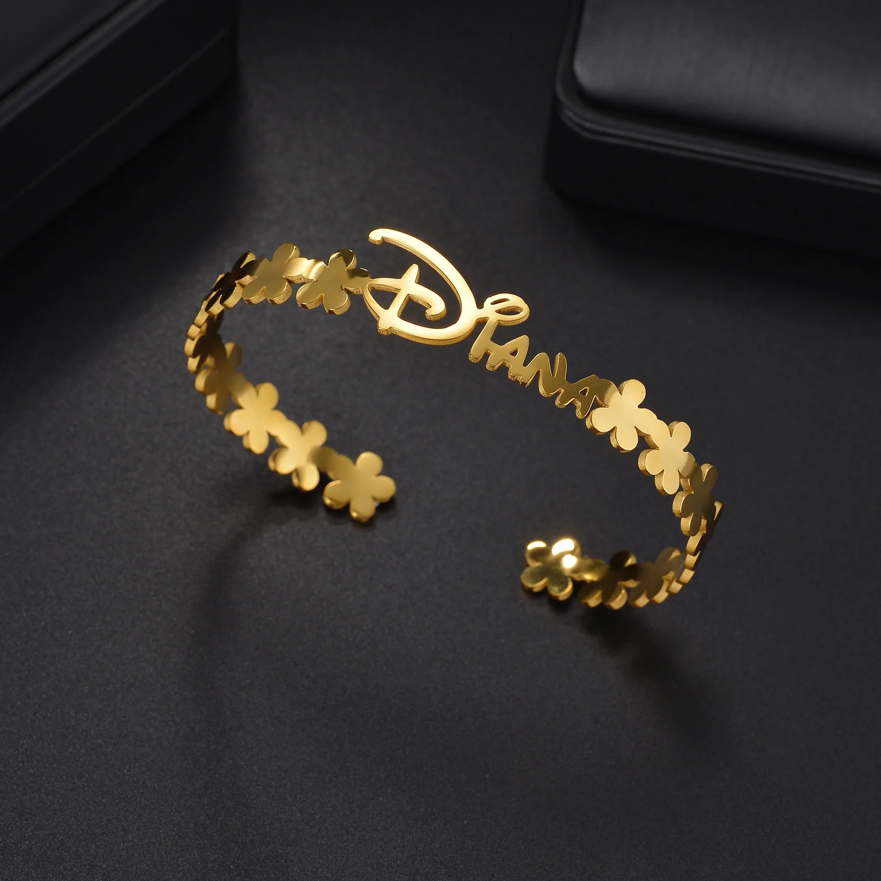 Custom Name Bangle with Zircon Flower - For Women & Kids - SHOPPERS' CASTLE