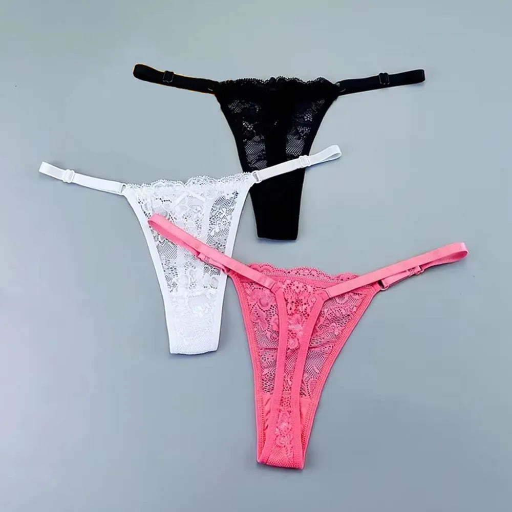 3PCS Adjustable Sexy Transparent Thong Panties Women Lace Underwear Low Waist Female T-back String Underpants - SHOPPERS' CASTLE