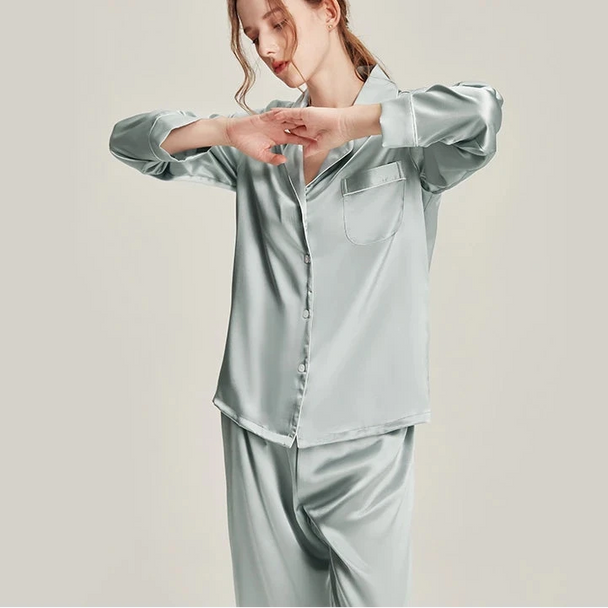 6A Grade 19mm Silk Pajama Set - V-Neck Long Sleeve Luxury Sleepwear