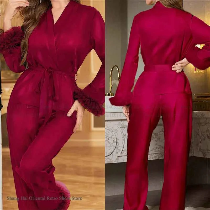 Striped Lace Trim Satin Pajama Set - SHOPPERS' CASTLE