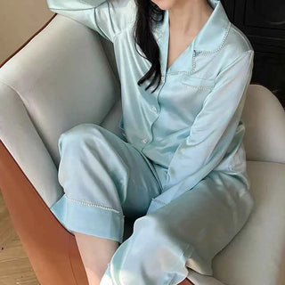 100% Mulberry Silk V-Neck Pajama Set - Long Sleeve Luxury Sleepwear