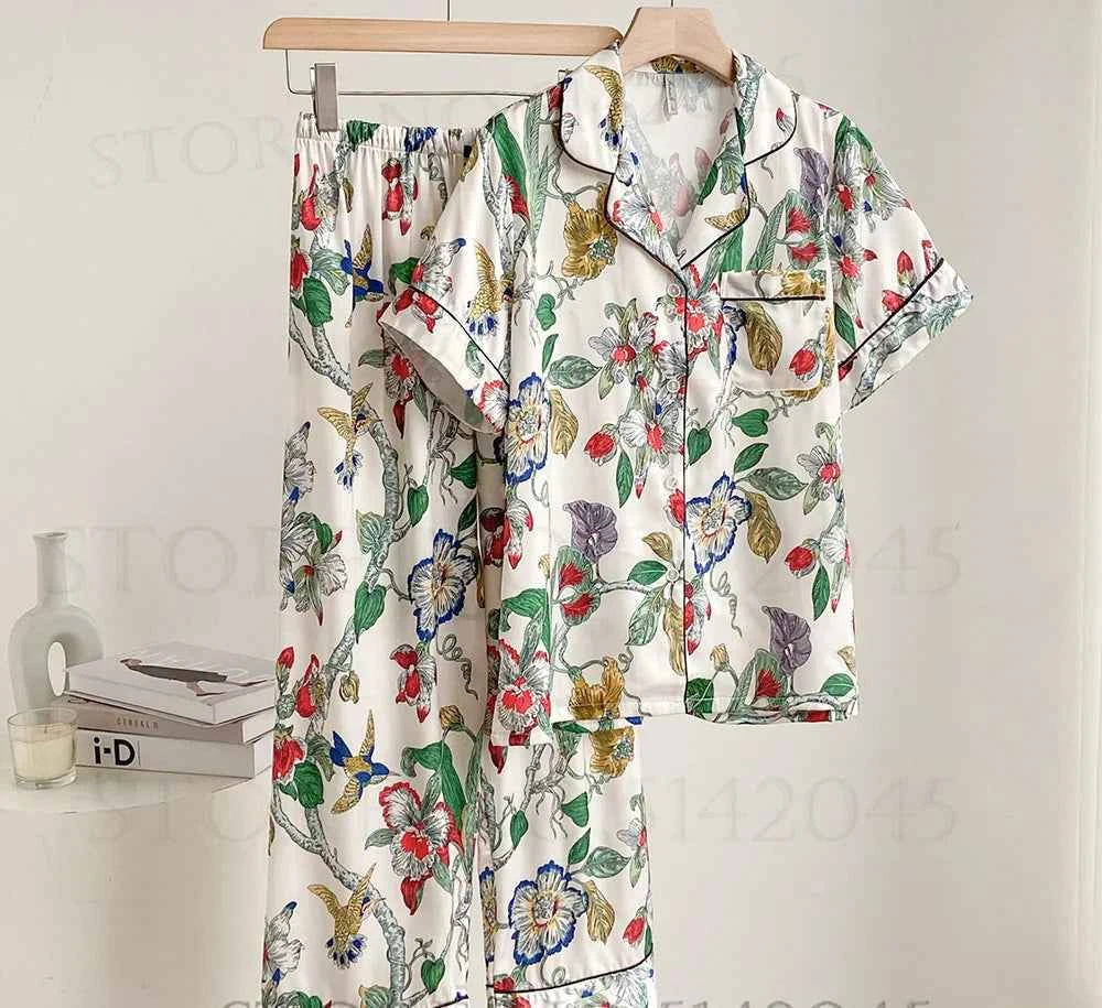 Floral Print Ice Silk Pajama Set - SHOPPERS' CASTLE