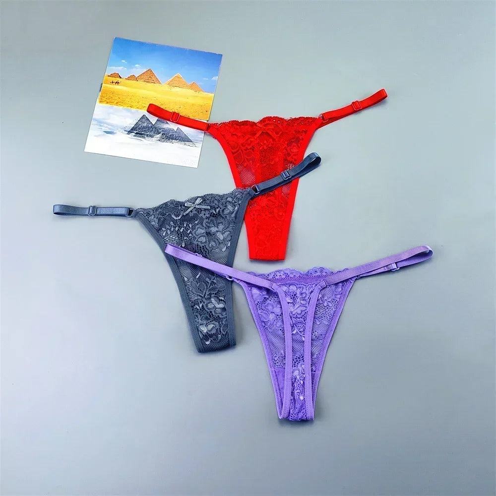 3PCS Adjustable Sexy Transparent Thong Panties Women Lace Underwear Low Waist Female T-back String Underpants - SHOPPERS' CASTLE