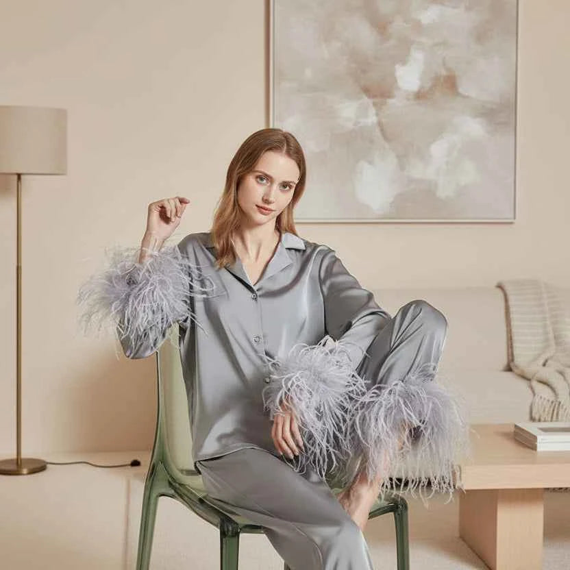 Feather Elegance Satin Sleepwear - 2-Piece Luxury Set - SHOPPERS' CASTLE
