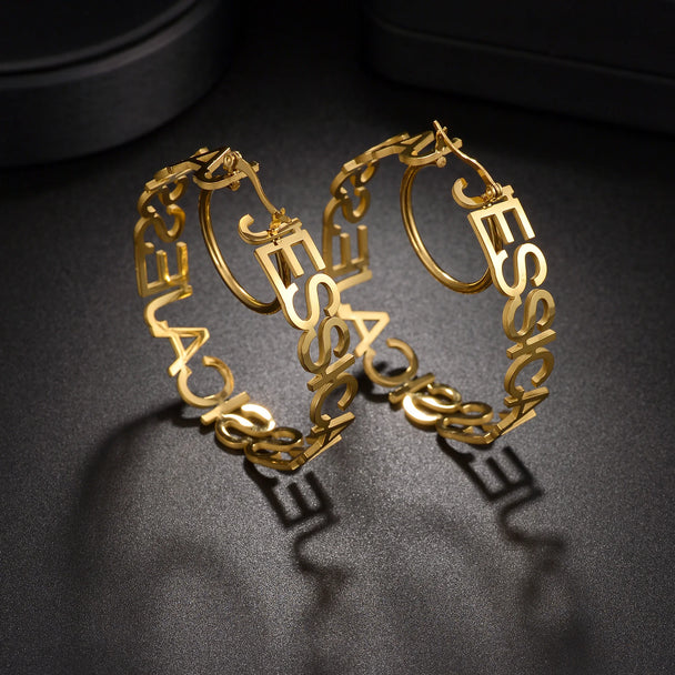 Custom Name 50mm Hoop Earrings - Hollow Letters - SHOPPERS' CASTLE