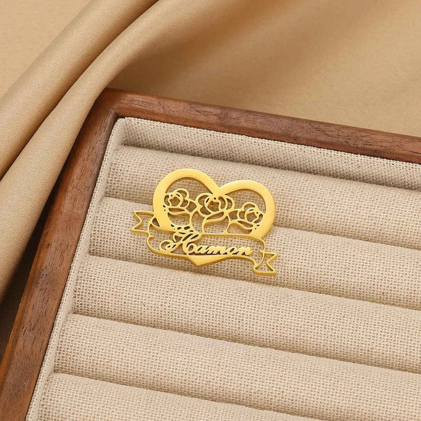 Custom Heart Rose Brooch - Personalized Wedding Party Pin
