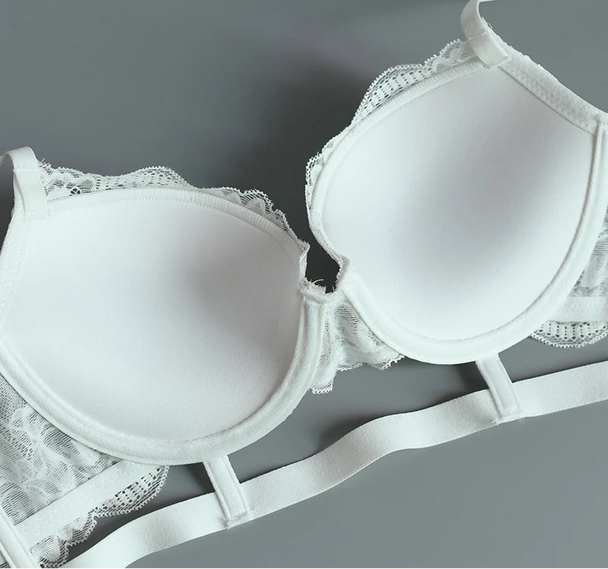 White Hollow Deep V Push-Up Bra Set - Plus Size 3/4 Cup - SHOPPERS' CASTLE