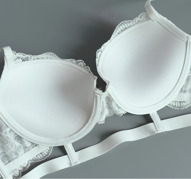 White Hollow Deep V Push-Up Bra Set - Plus Size 3/4 Cup - SHOPPERS' CASTLE