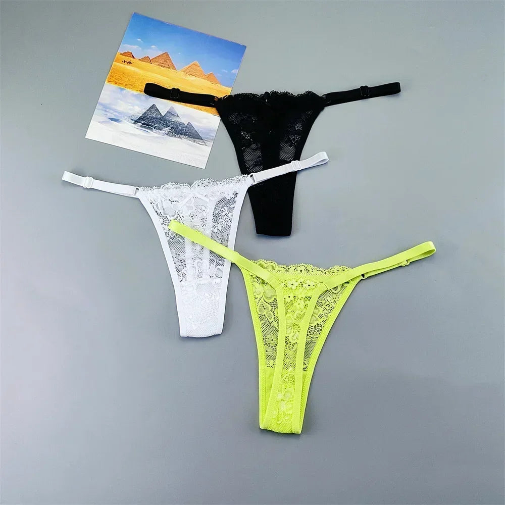 3PCS Adjustable Sexy Transparent Thong Panties Women Lace Underwear Low Waist Female T-back String Underpants - SHOPPERS' CASTLE