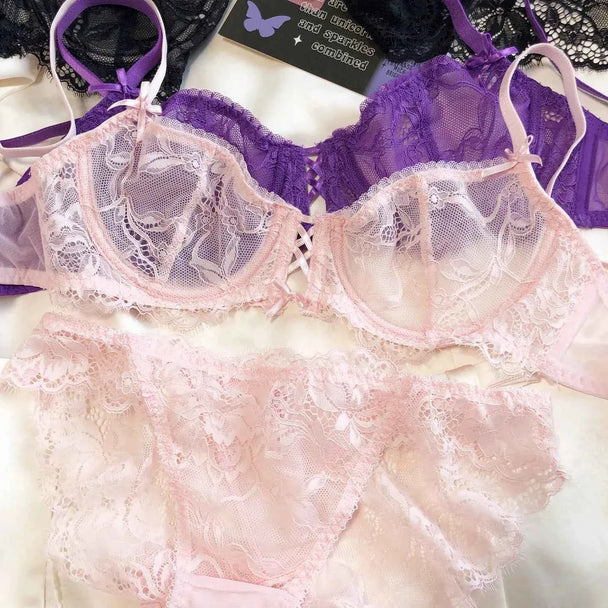 Sexy Hollow French Lace Embroidery Bra Set