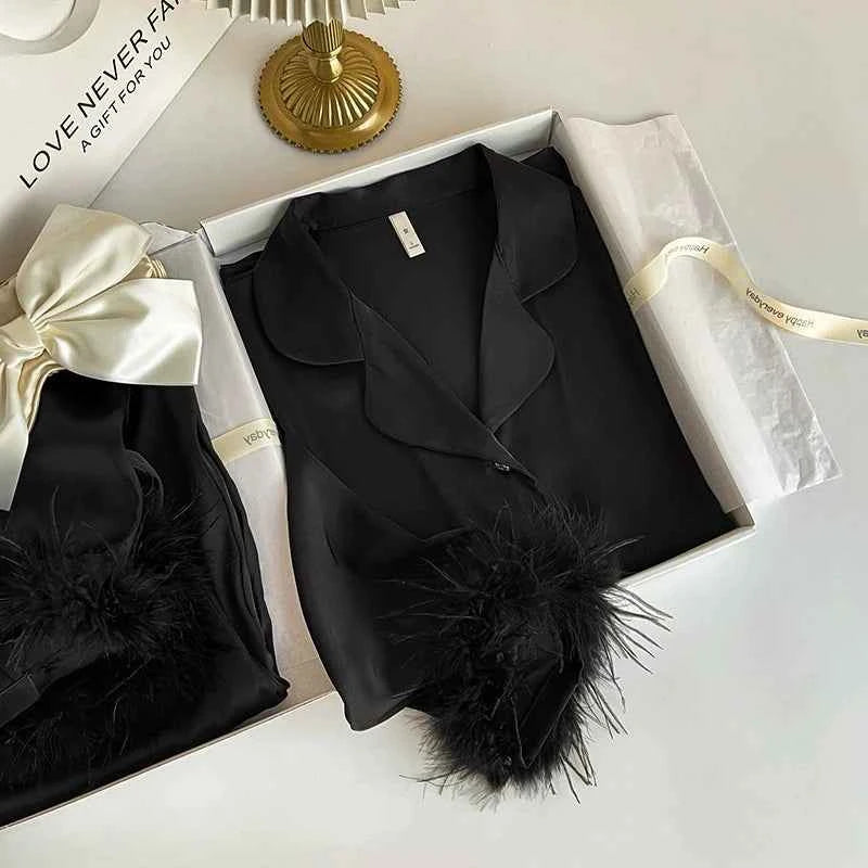 Feather Dream Satin Pajama Set - Luxury Loungewear - SHOPPERS' CASTLE