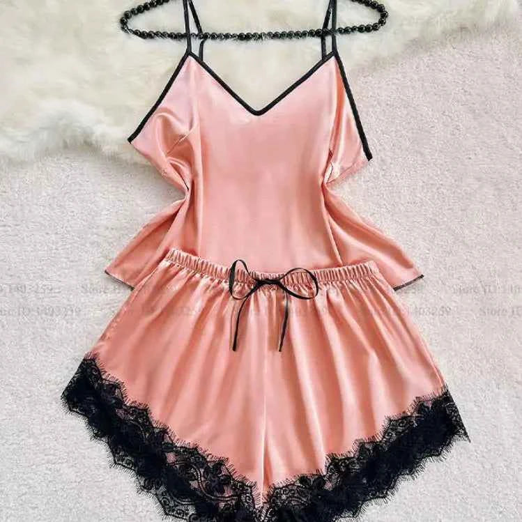Silk Lace Cami Shorts Set - Summer Elegance Sleepwear - SHOPPERS' CASTLE