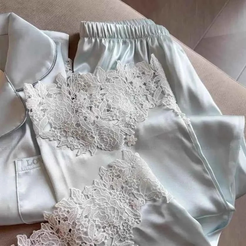 Lace Trim Satin Pajama Set - SHOPPERS' CASTLE