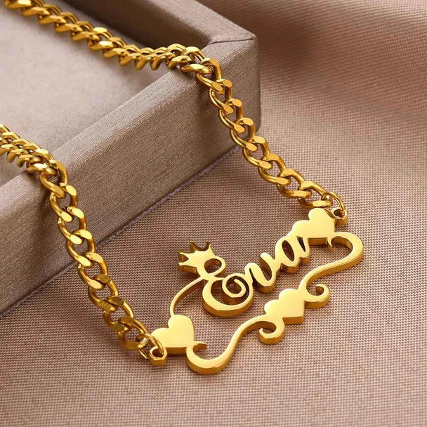 Custom Name Cuban Chain Heart Ribbon Bracelet - Handmade