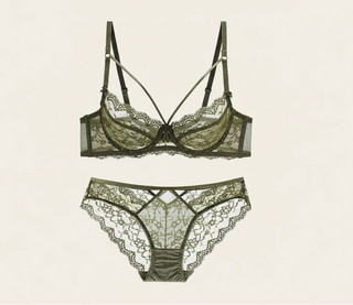 Green Ultra-Thin Lace Embroidery Bra Set - Plus Size