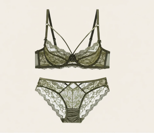 Green Ultra-Thin Lace Embroidery Bra Set - Plus Size
