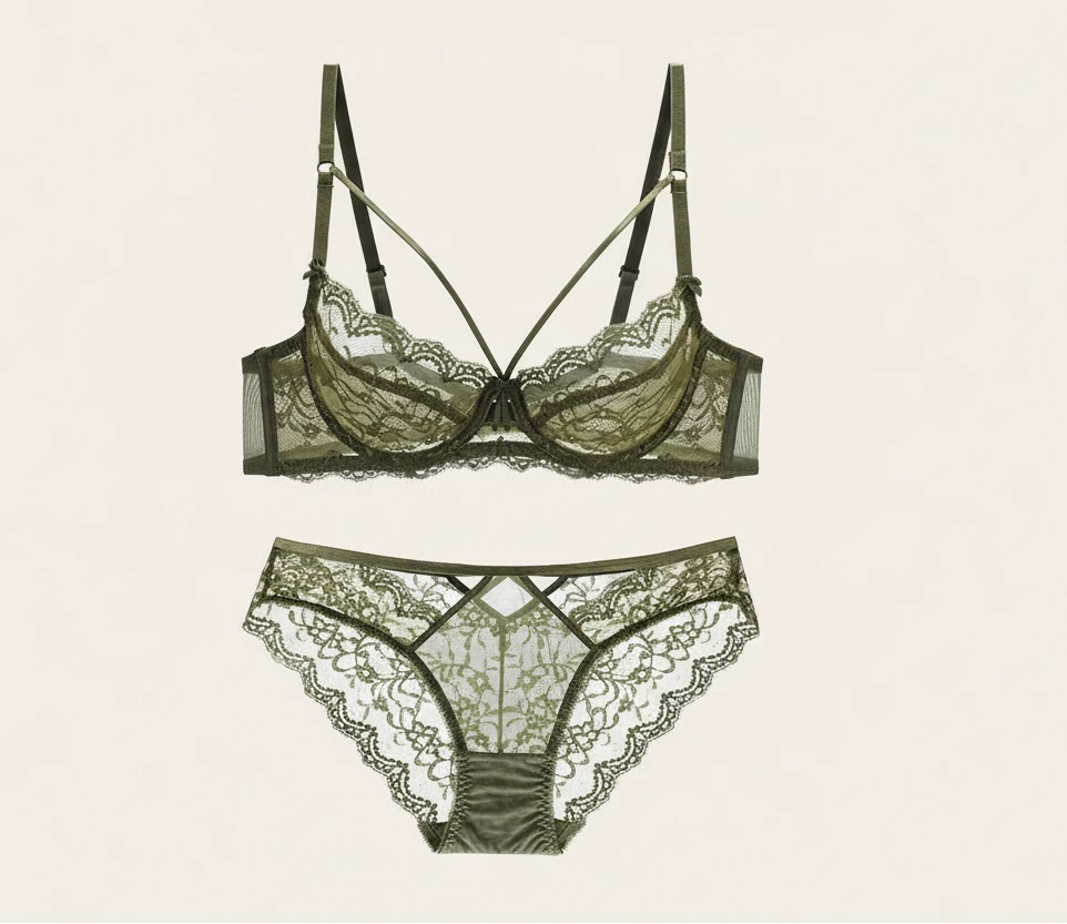 Green Ultra-Thin Lace Embroidery Bra Set - Plus Size