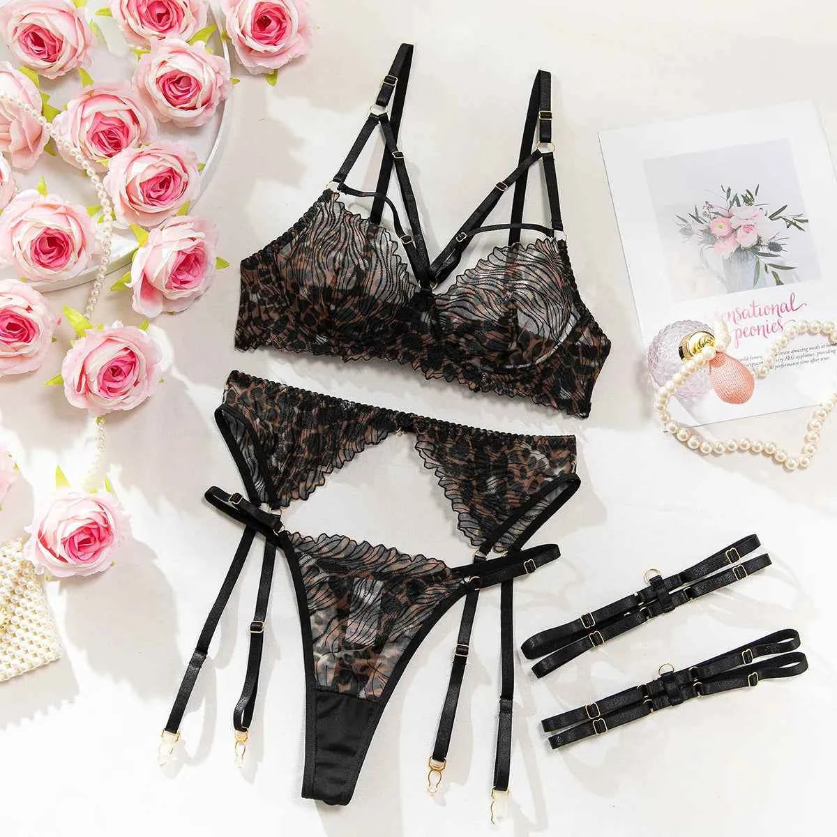 Leopard Print Lingerie Set with Leg Garters