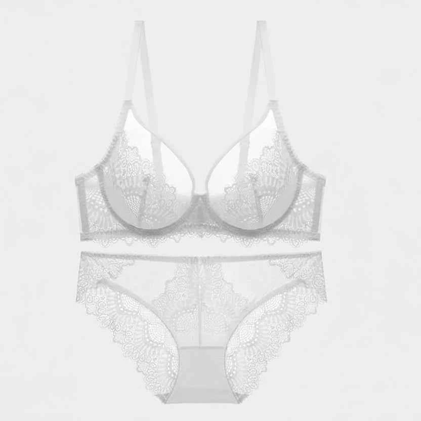 Sexy Burgundy Lace Transparent Bra Set - 3/4 Cup