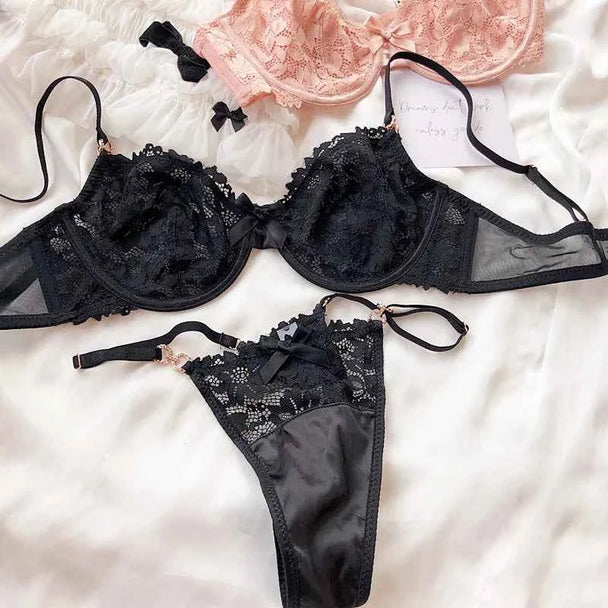 Luxury Rhinestone French Lace Bra & Thong Set