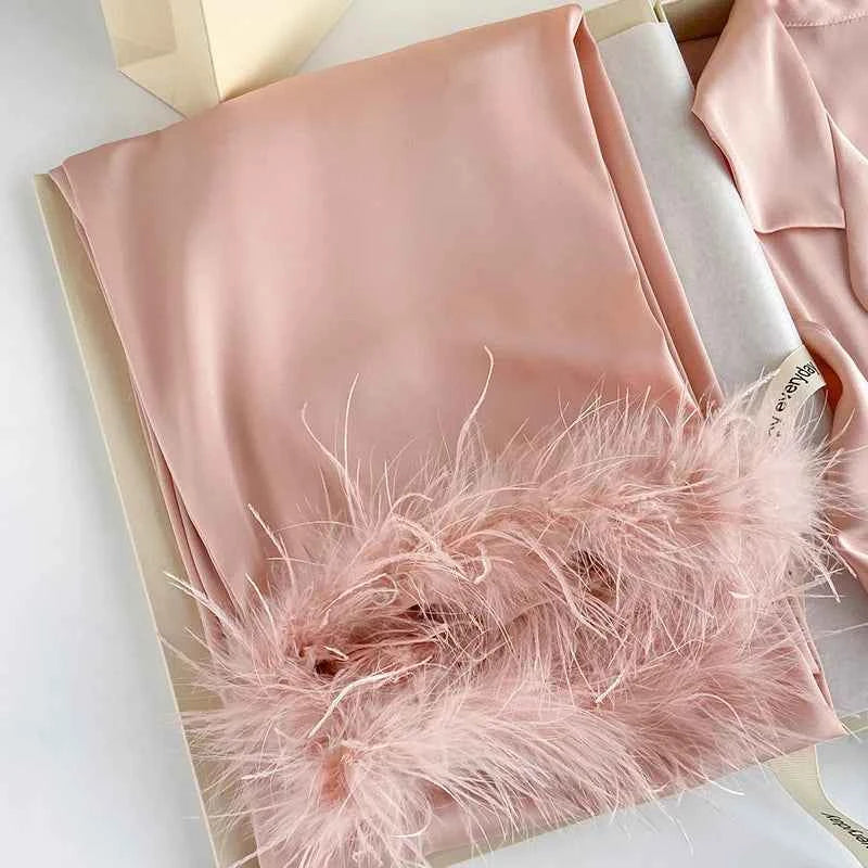 Feather Dream Satin Pajama Set - Luxury Loungewear - SHOPPERS' CASTLE