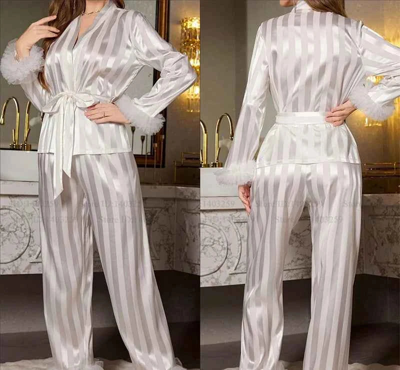 Striped Lace Trim Satin Pajama Set - SHOPPERS' CASTLE