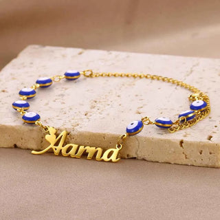Custom Name Blue Devil's Eye Chain Bracelet - Handmade