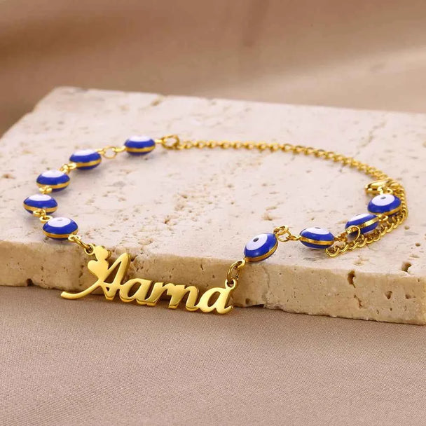 Custom Name Blue Devil's Eye Chain Bracelet - Handmade