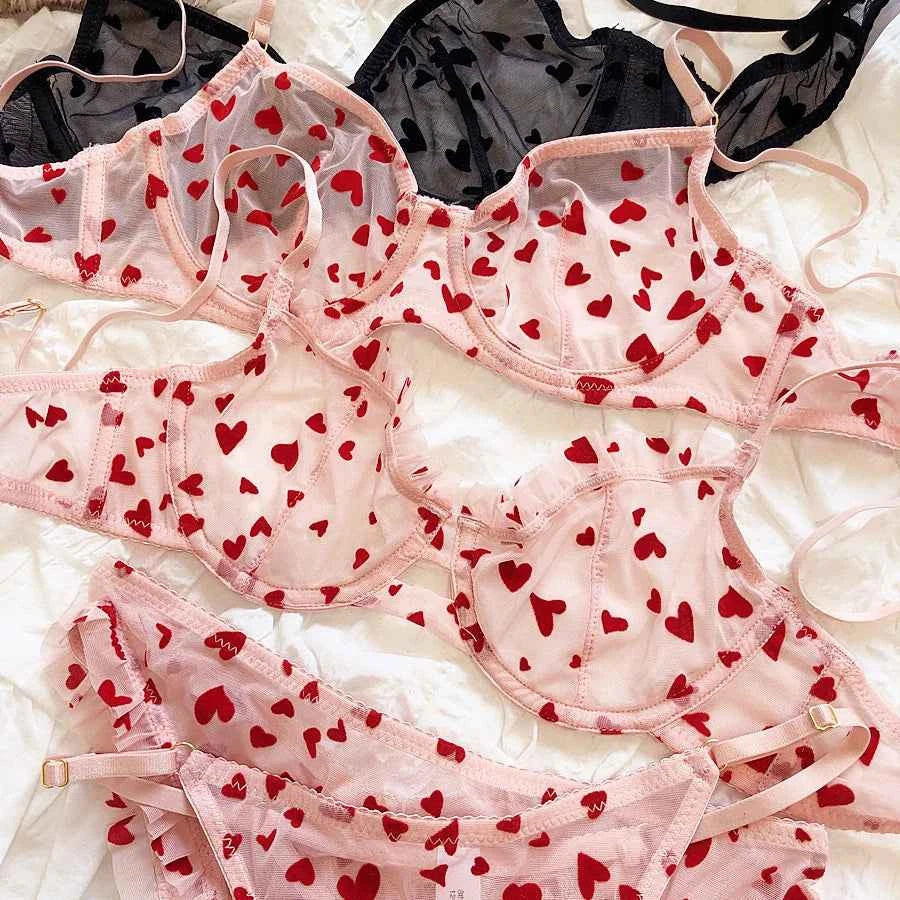 Ultra-Thin Transparent Push-Up Bra & Thong Set with Hearts