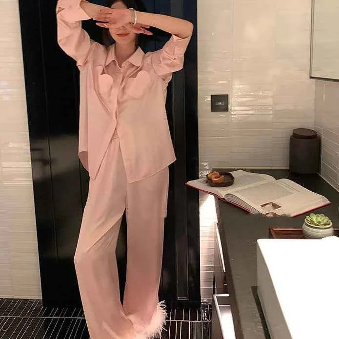 Luxury Feather Print Satin Pajama Set - SHOPPERS' CASTLE