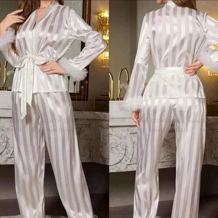 Striped Lace Trim Satin Pajama Set - SHOPPERS' CASTLE
