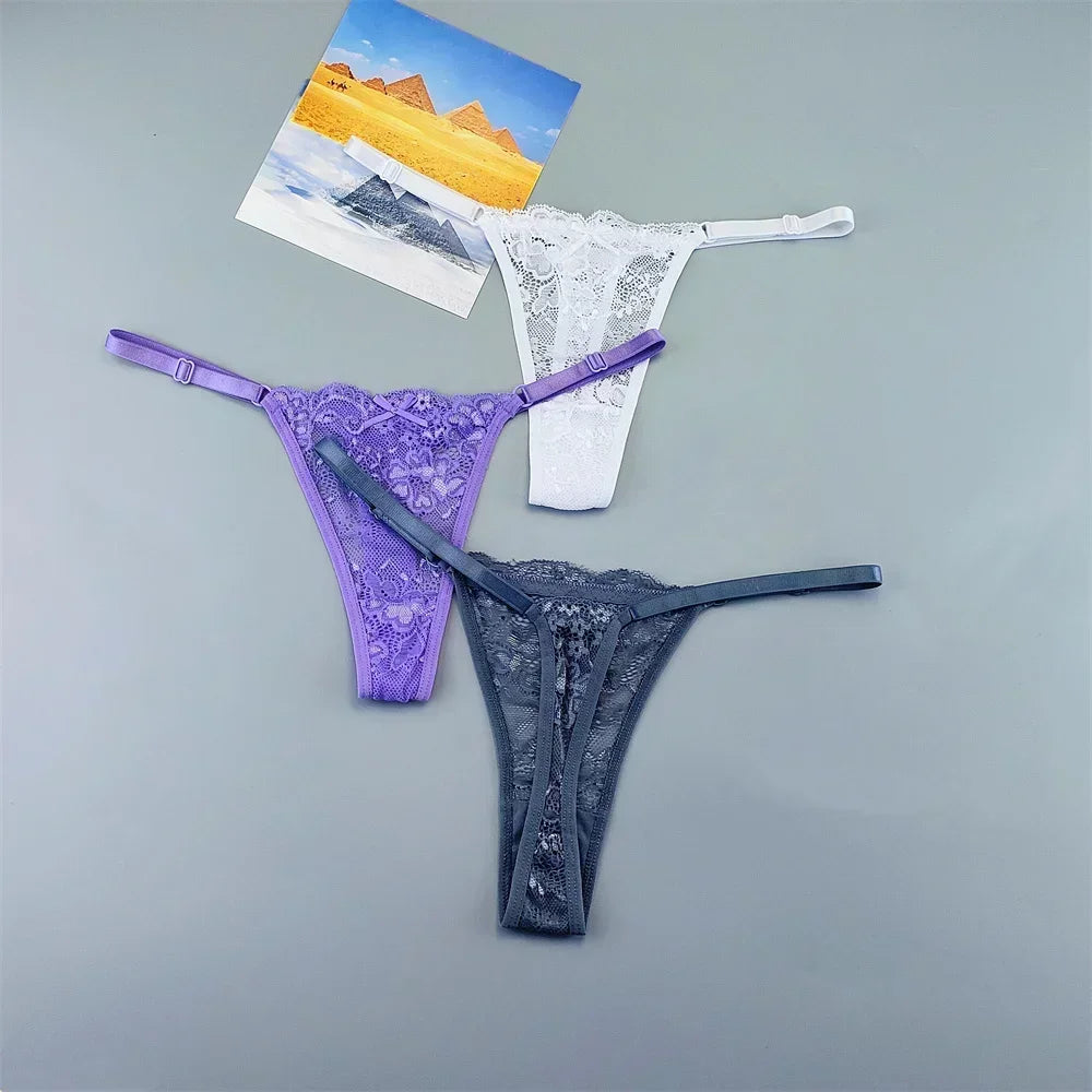 3PCS Adjustable Sexy Transparent Thong Panties Women Lace Underwear Low Waist Female T-back String Underpants - SHOPPERS' CASTLE