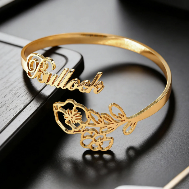 Custom Name Flower Letter Bangle - For Women, Men & Kids