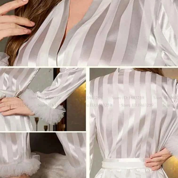 Striped Lace Trim Satin Pajama Set - SHOPPERS' CASTLE