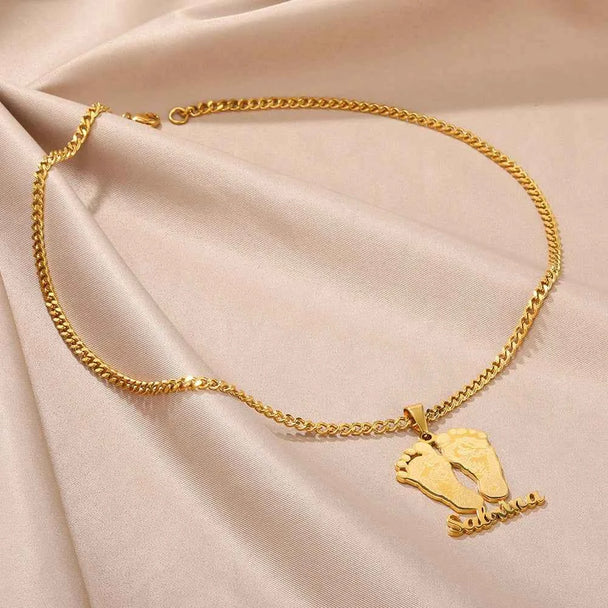 Custom Name Baby Feet Necklace - Nameplate Pendant