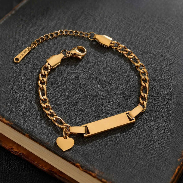Engrave Name Heart Figaro Chain Bracelet - Adjustable