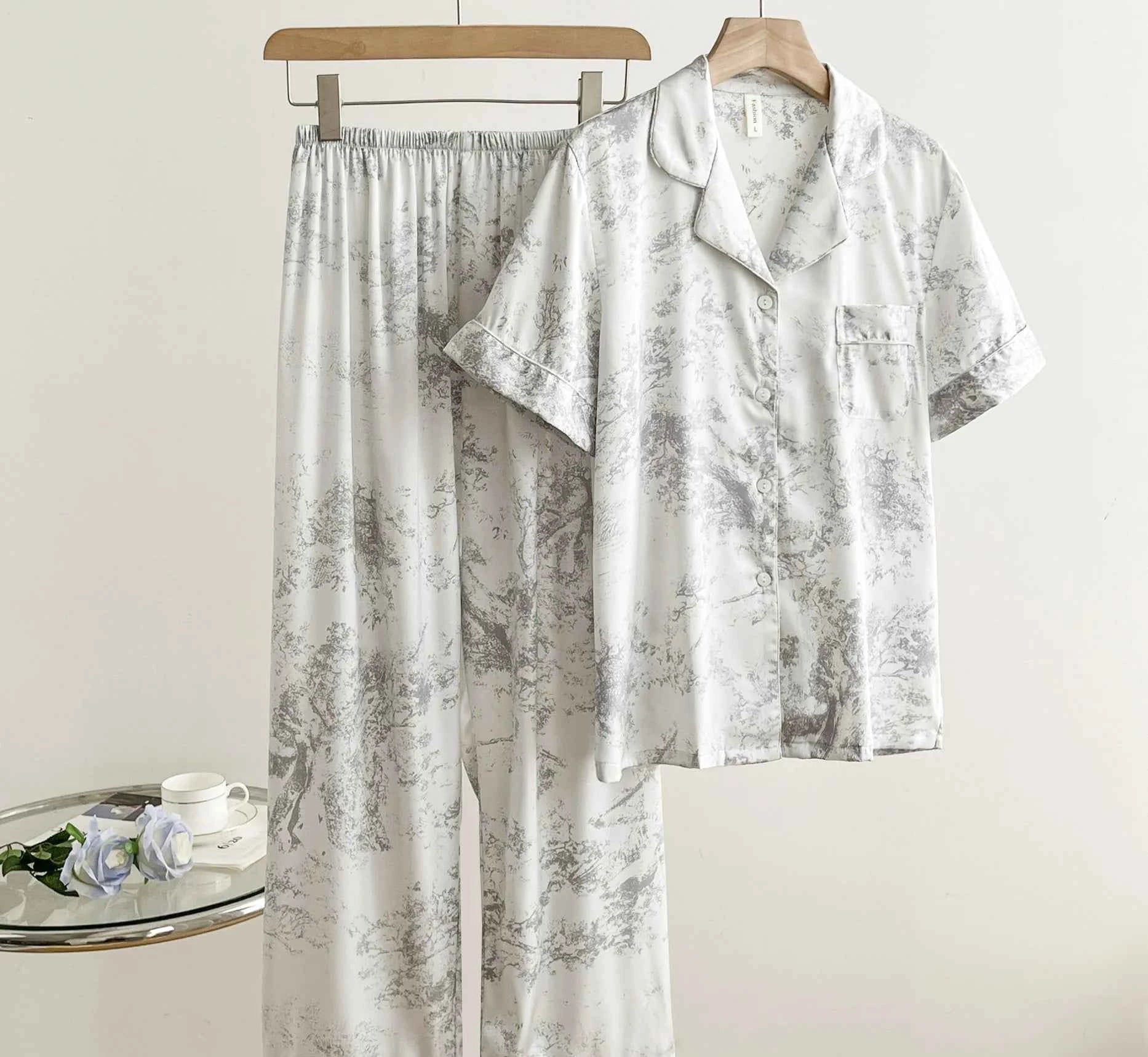 Floral Print Ice Silk Pajama Set - SHOPPERS' CASTLE