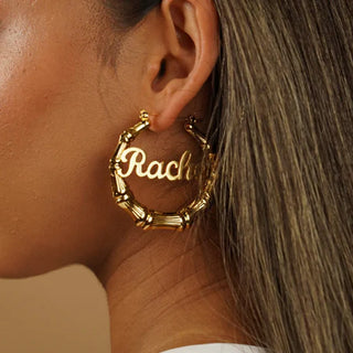 Custom Name Bamboo Hoop Earrings - Stainless Steel - SHOPPERS' CASTLE